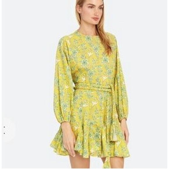 Rhode Yellow Eden Ella Long Sleeve Floral Bird Print Mini Dress Size XS - Picture 1 of 6